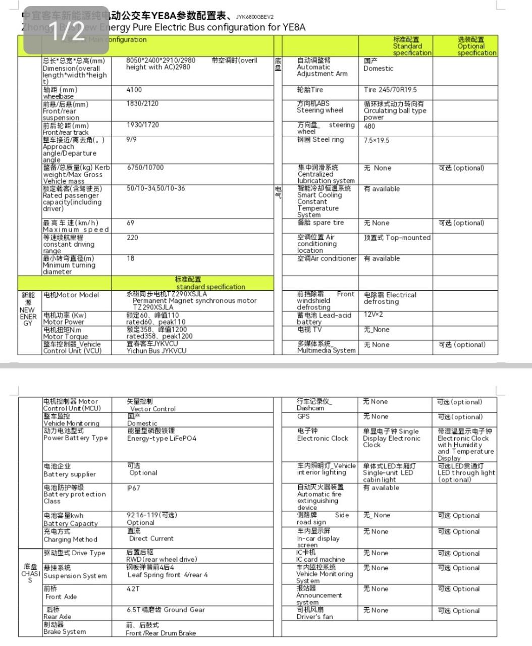YF8A electric bus configuration sheet